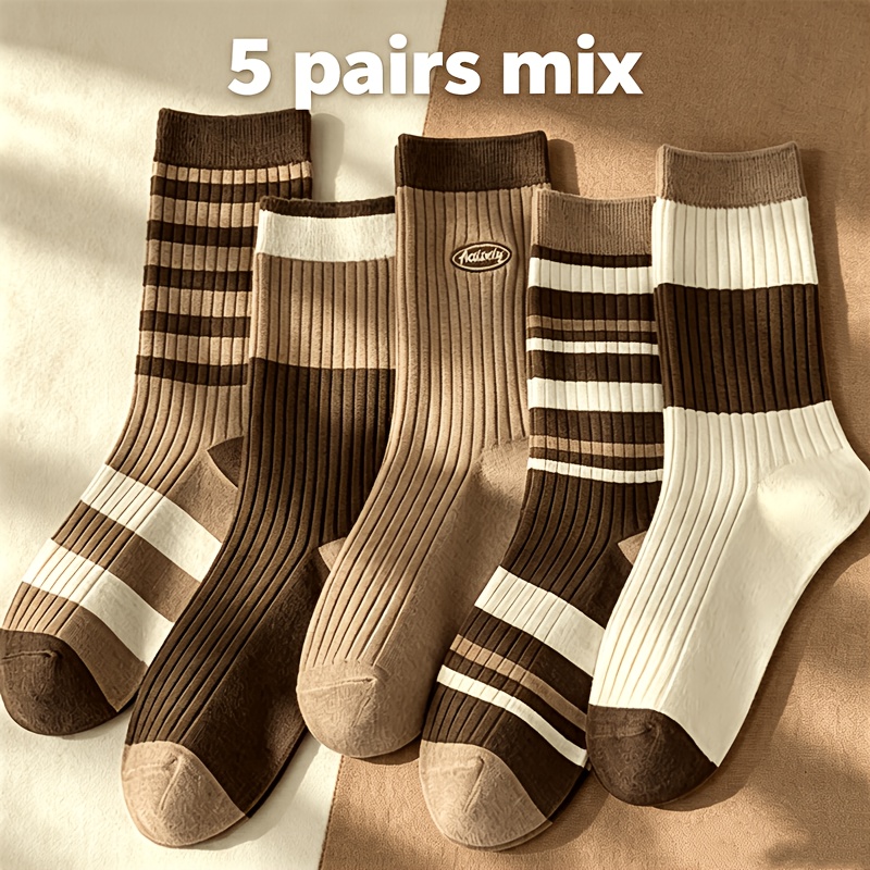 TEMU Lot de 5/10 paires de chaussettes pour femme, fines, à rayures contrastées aléatoires, en tricot côtelé vintage avec de couleurs