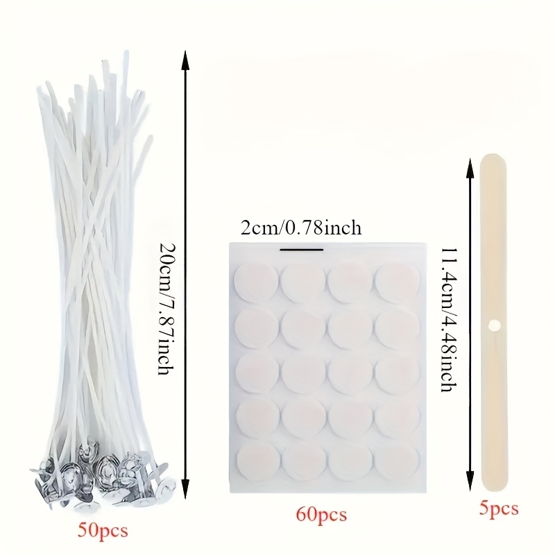 Image of 115pcs Candle Making Kit: 50pcs 9cm/15cm/20cm Wicks, 60pcs Candle Wick Stickers & 5 Wooden Candle Wick Holders For Soy And Beeswax Candles