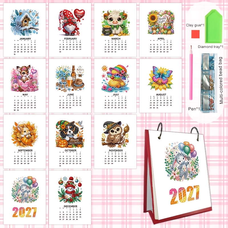 E-shop 2027 Niedlicher Feiertagsmuster-Diamantmalerei-DIY-Feiertagsserie-Musterkalender, Mini-Tischkalender, Schreibtischkalender,