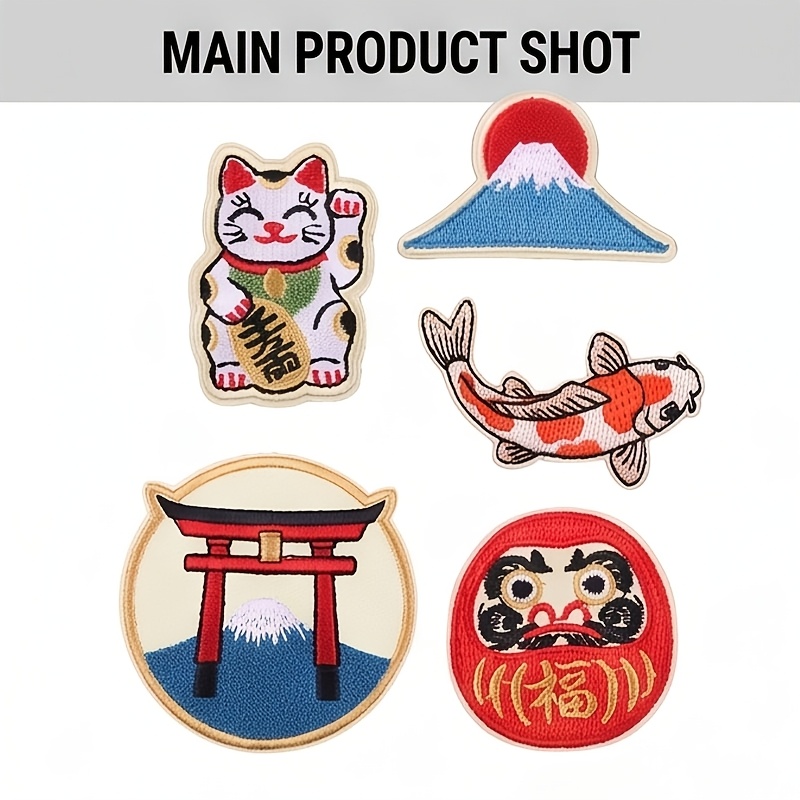 TEMU Juego de 5 parches de tela termoadhesivos bordados japoneses, parches de costura bordados de , Montaña Fuji, Koi y Torii, pegatinas de insignias