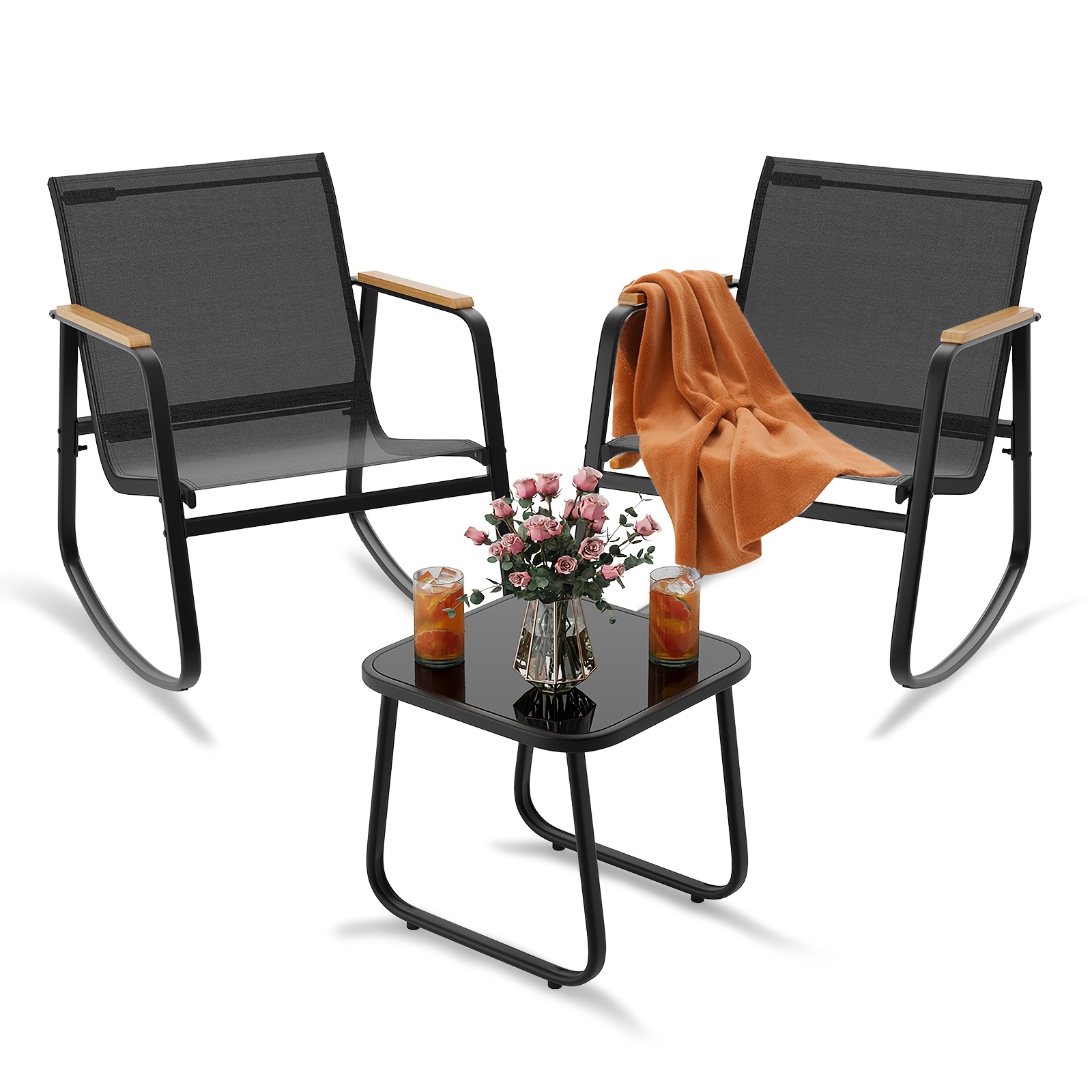 Image of 3pcs Outdoor Patio Furniture Set, Outdoor Garden Furniture Set With , 2 Fabric Armchairs & 1 Glass Table, Ideal For Lawns, Back Gardens And Patios