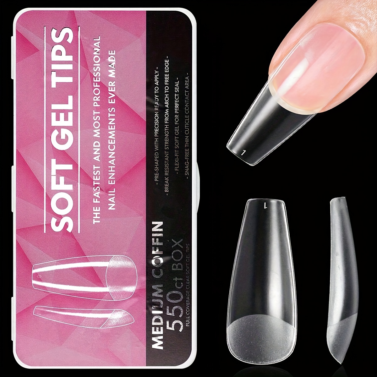 TEMU 550pcs Medium-sized Tips Soft Gel Transparent Gel Nail Tips Semi-matte Full Coverage Nail Tips Acrylic Pre-files Press-on False Nails For Nail