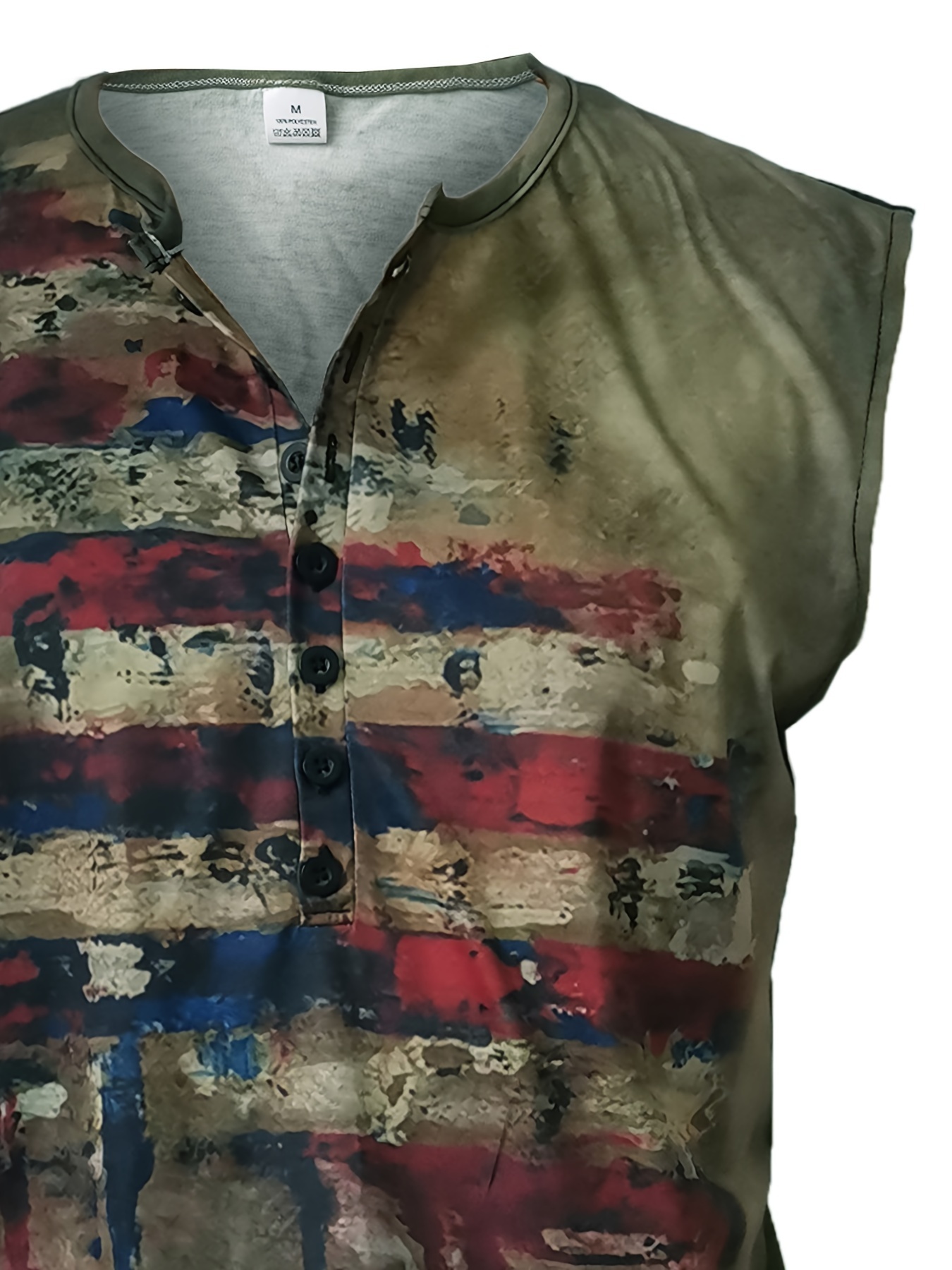 men's vintage american flag print henley tank top sleeveless