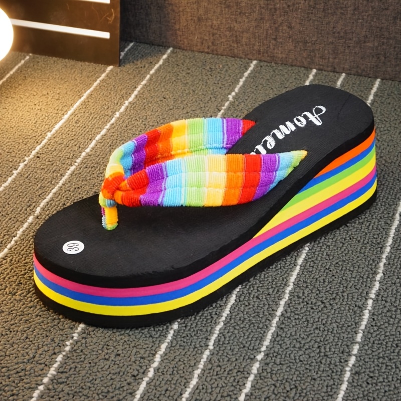 TEMU Women's Summer Beach Flip Flops - Thick Sole Casual Sandals, Black And Pink Rainbow Stripe, Soft Tpu Material, Wear, Women Shoes