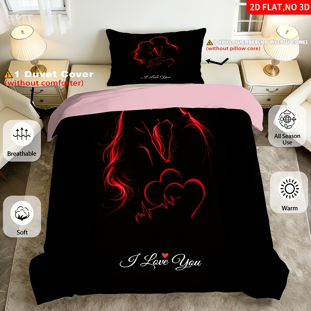 TEMU 2/3pcs Red Line Abstract Couple Heart Print 3pcs Bedding,(1 Duvet Cover And 1/2 Pillowcases,no Filler),queen/full Size/single Bed,ideal For
