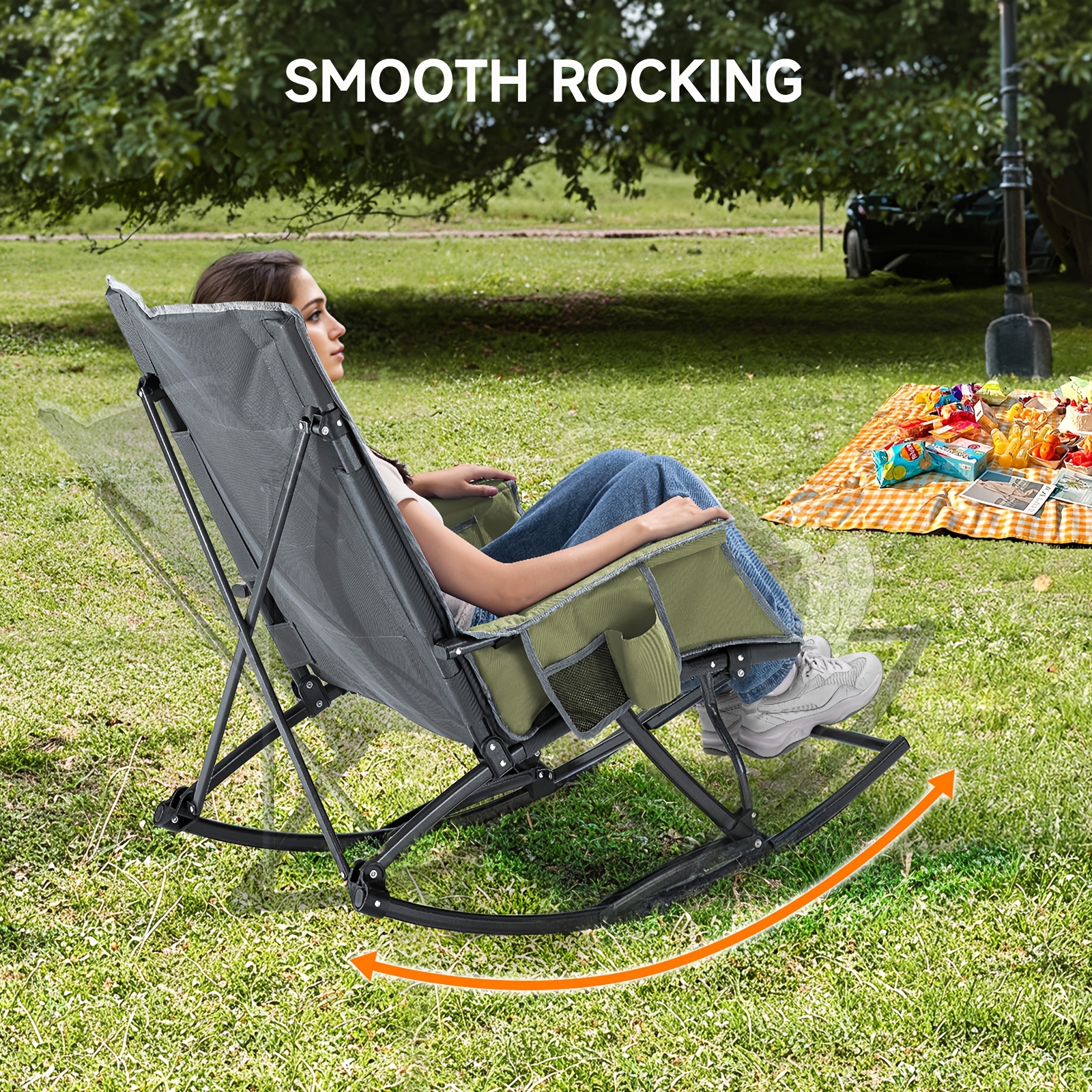 Oversized Camping Chair with Rest -330lbs Heavy Duty Folding Rocking  Chair for Outdoor, Lawn, Beach, Picnic, Backyard, Patio Portable Recliner