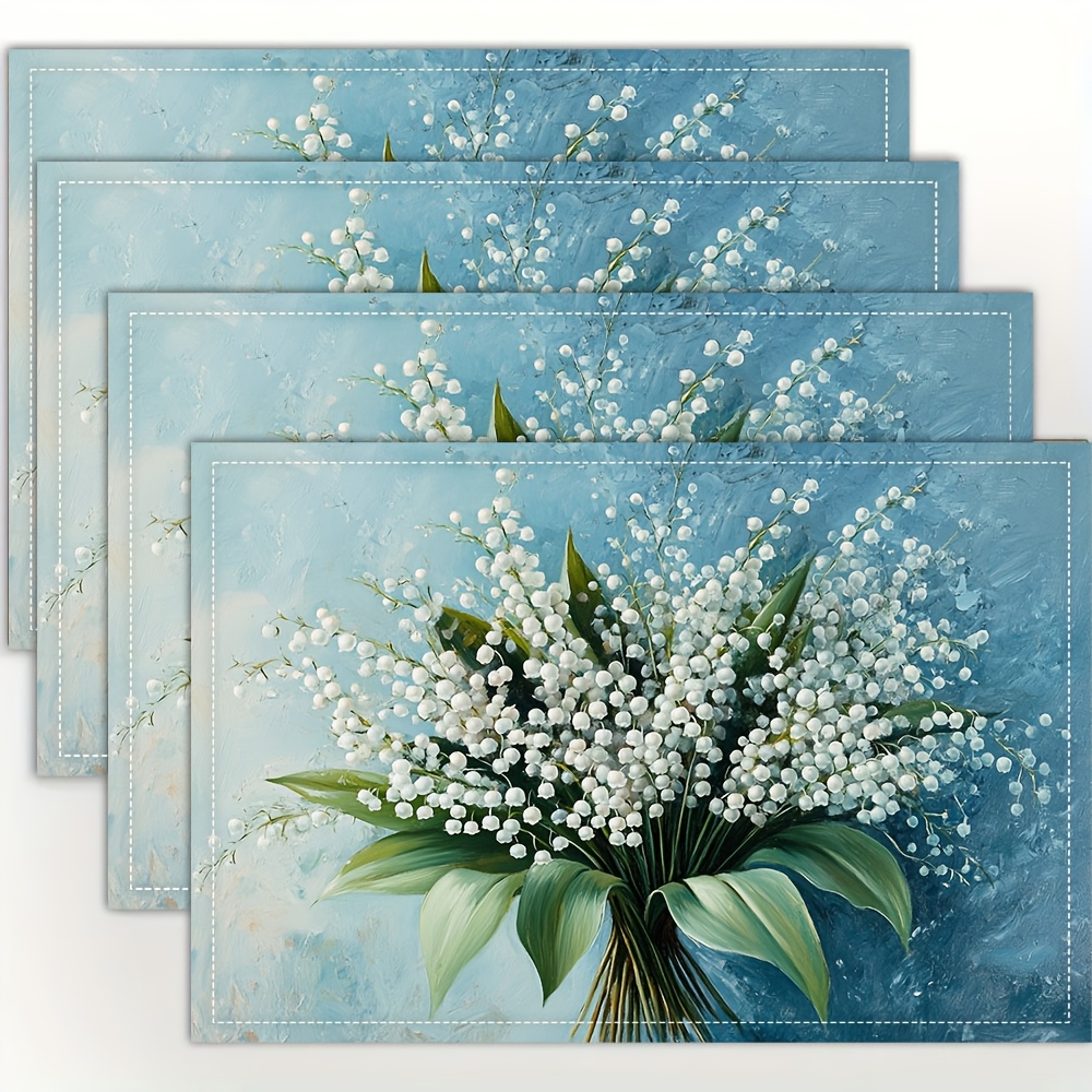 TEMU 4pcs Elegant Lily Of The Valley Placemats - 12x18 Inch Linen Table Mats With Flowers & Green Leaves, Perfect For Dining, Kitchen, And Holiday