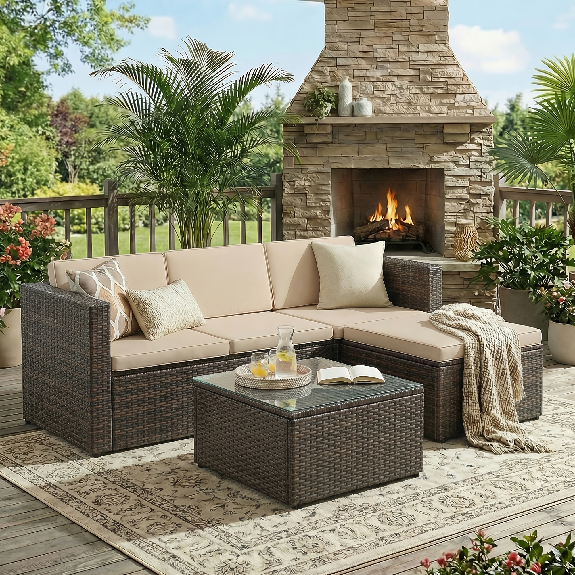 PE Polyrattan Garden Furniture Set with   Corner Sofa, Cushions And Glass Table