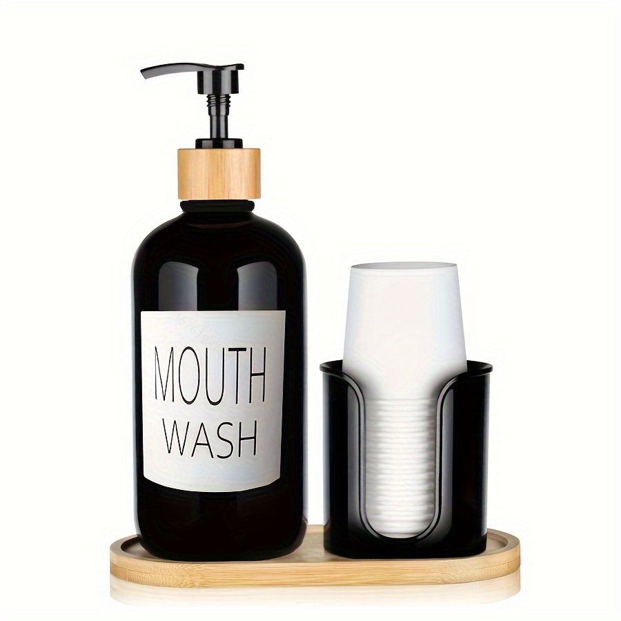 

Boho Chic 16oz Black Mouthwash Dispenser With Cup Holder & Bamboo Tray - Durable Plastic Bathroom Organizer