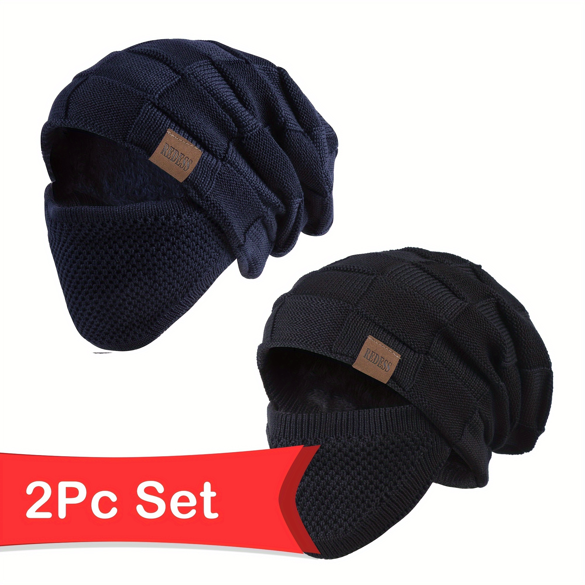 

2pc Set Beanie Hat For Men And Women Winter Warm Hats Knit Slouchy Skull Cap With Face Cover