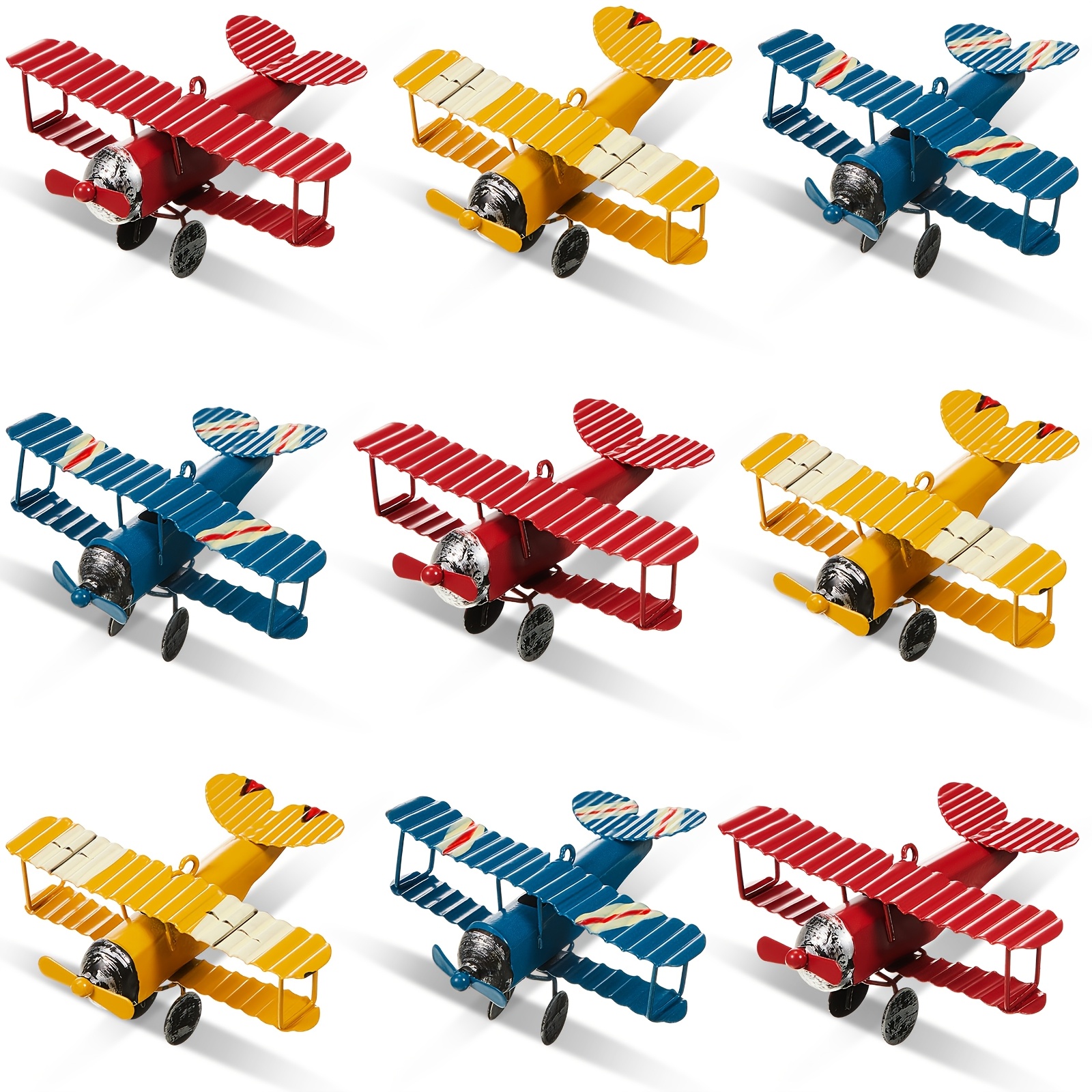 

9pcs Vintage Metal Airplane Decor Set - Classic Models In Red, Blue, Yellow With Striped & - Ideal For Christmas, Birthday Gifts, Desk Ornaments, Photo Props