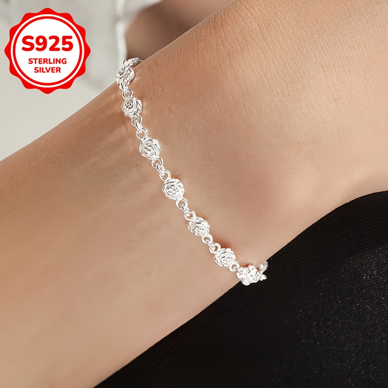 S925 Sterling Silver Rose Bracelet for Women, Adjustable Clasp