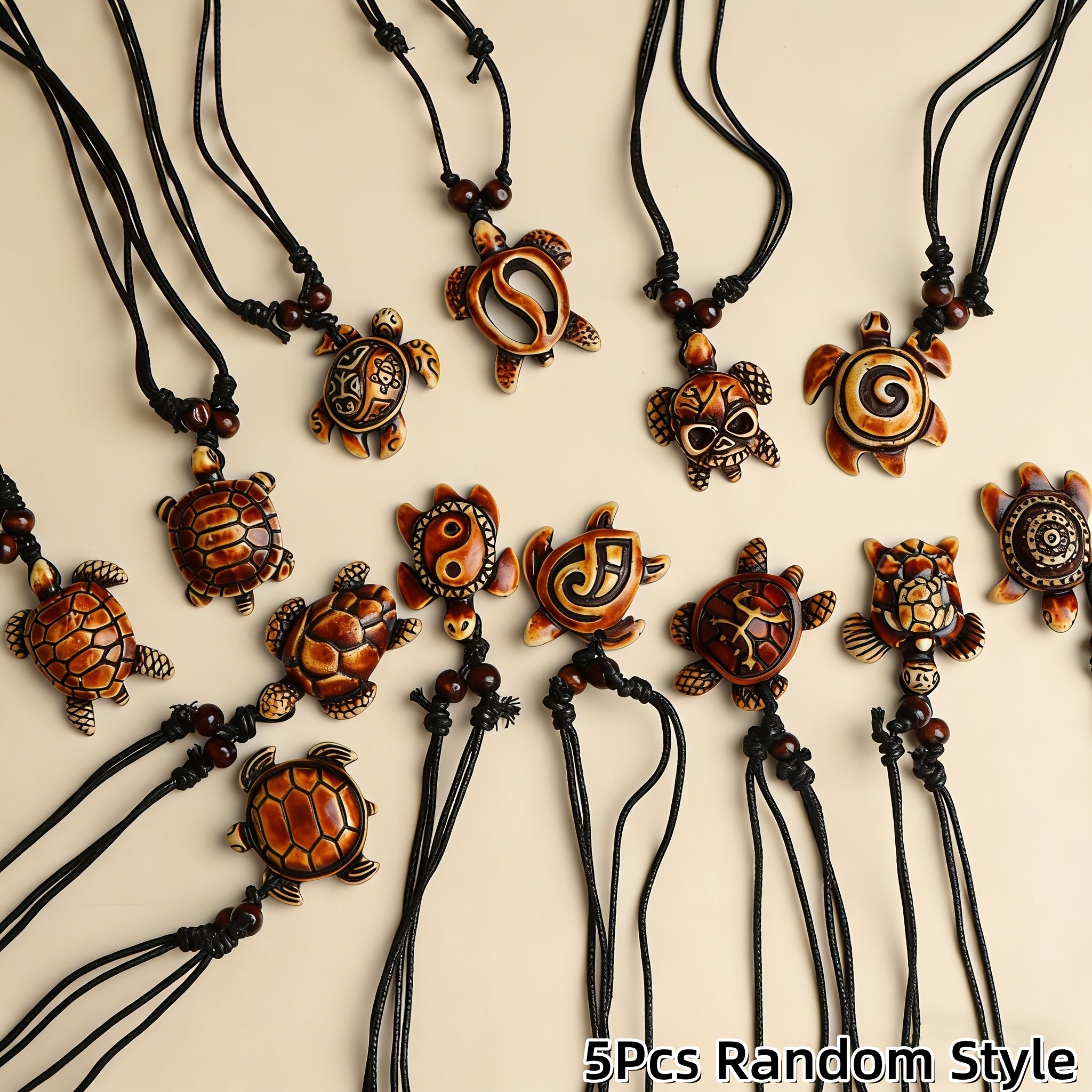 TEMU Lot de 5 pendentifs tortue sculptés style bohème vintage, collier animal ajustable style corde, cadeau unisexe pour les fêtes, style aléatoire