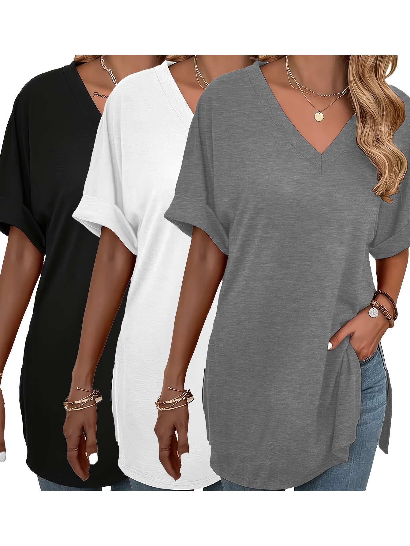 plus size plus size 3pcs set womens fashion spring summer new womens clothing womens loose side slit t shirt solid color v neck short sleeve casual top   shirt daily   and date versatile top
