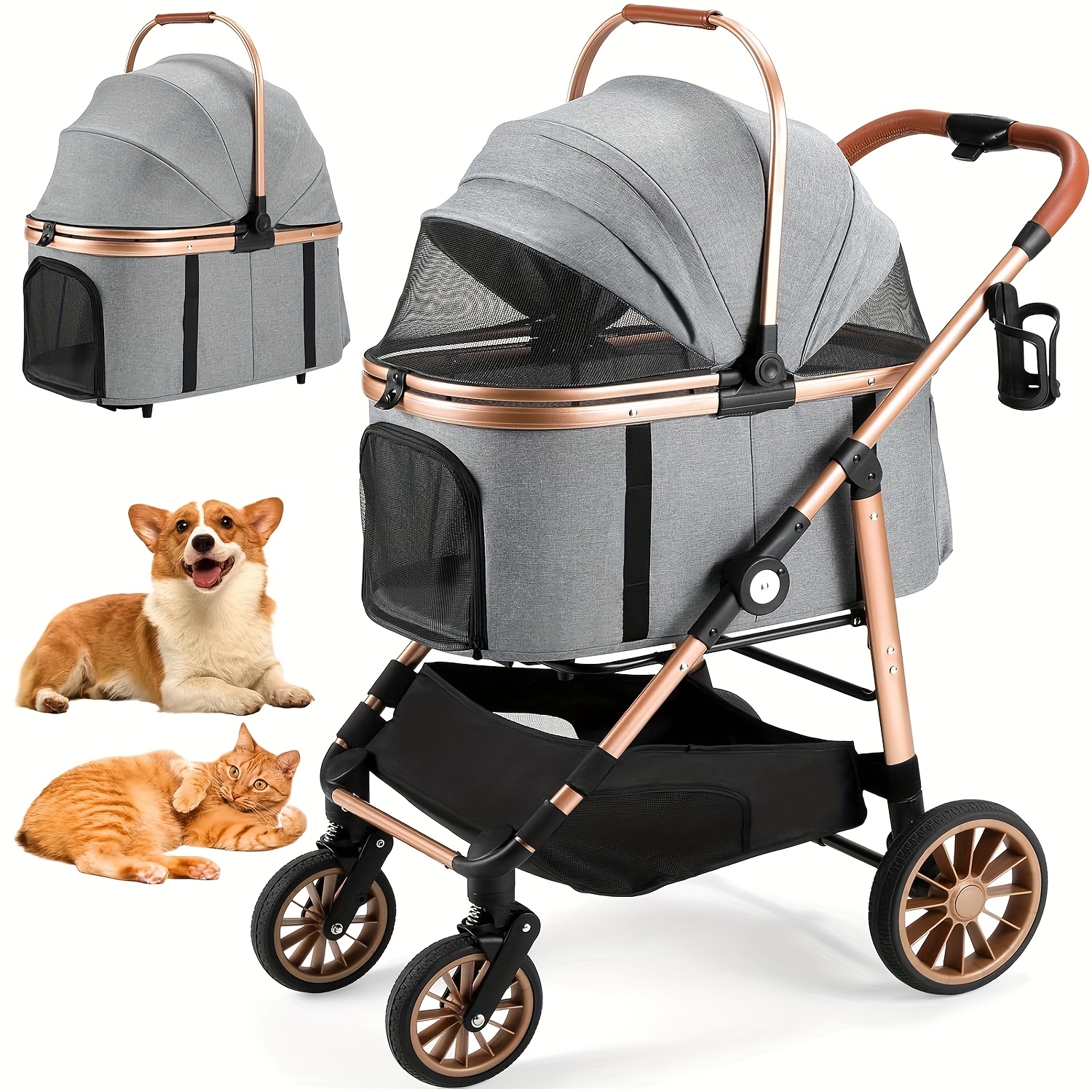 3-in-1 Foldable Stroller With Carrier - Heavy-duty 25kg Capacity, 4-wheel Mobility, Ergonomic Handle & Secure Closure, Compact Foldable Design For Cats, Small Dogs