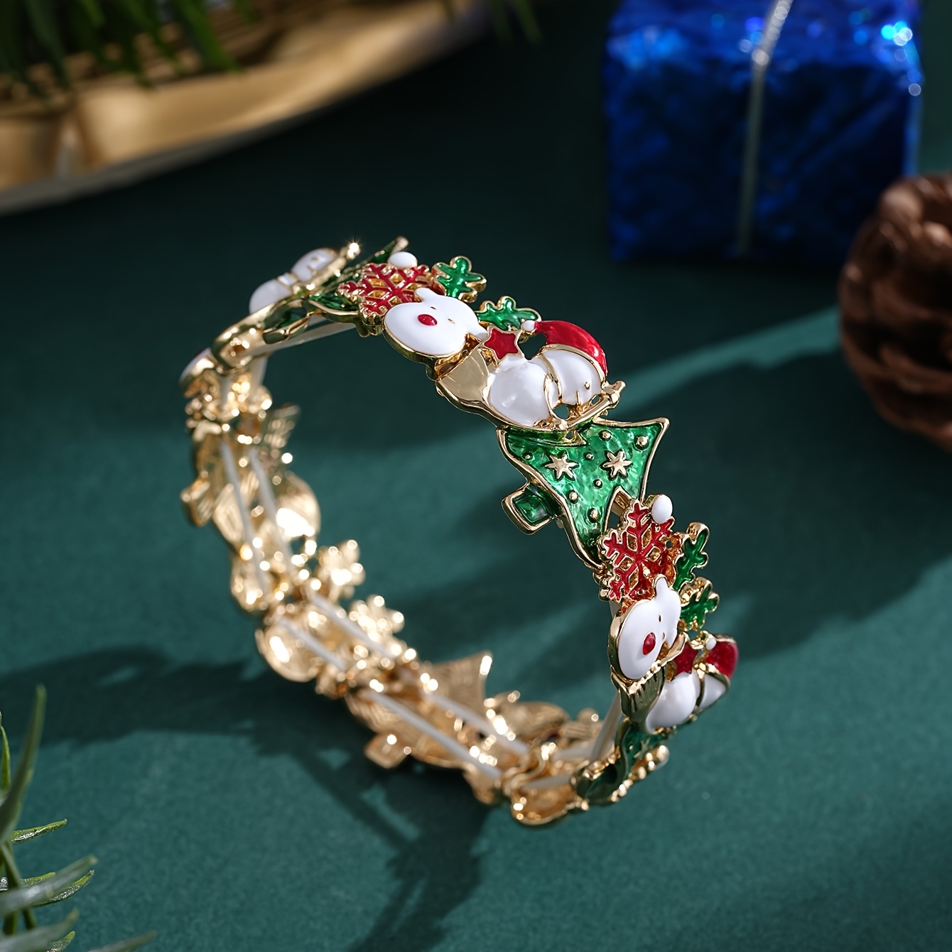 TEMU Christmas Enamel Bangle Bracelet For Women, Snowman Christmas Tree Snowflake Pattern Wristband, Holiday Party Jewelry Xmas Gift For Women