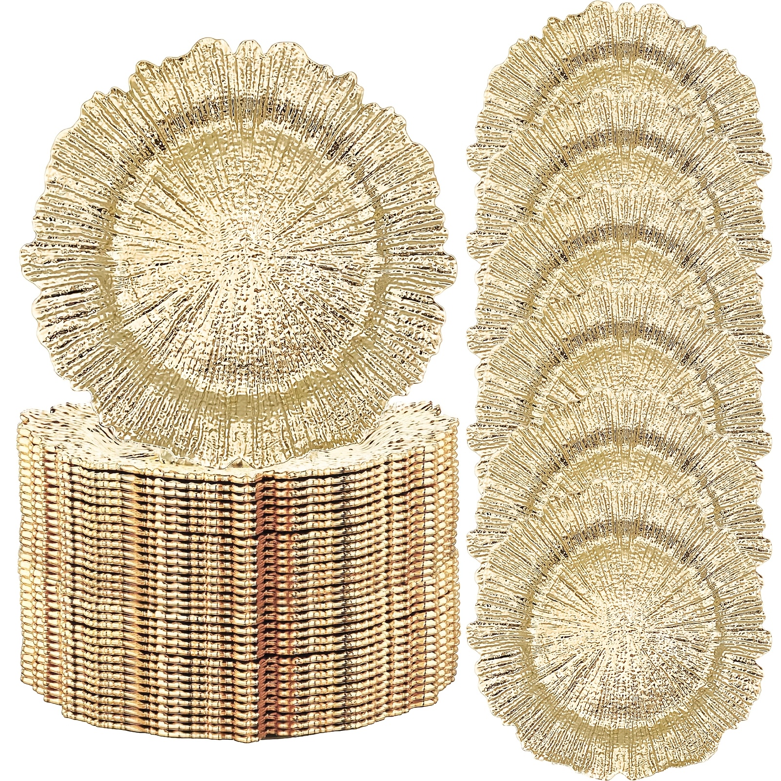 

50pcs 13 Inch Golden Charger Plates, Round Plastic Plate For Dinner Plates, Wedding, Party Elegant Decoration Place Mats