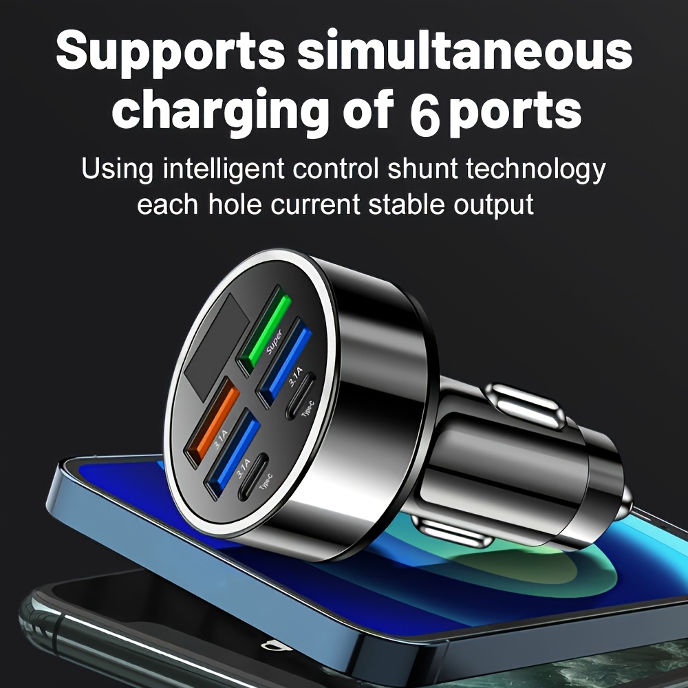 Datangwin, 6-in-1 Fast Car Charger with USB-C, Dual PD & QC3.0, 4 USB Ports, Voltage Display - Compatible with iPhone, Samsung, Huawei, Xiaomi - Matte Finish, Portable Charger, Car Charge, Without Battery