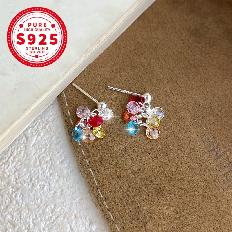 Women's S925 Colorful Round Synthetic Zirconia Stud Earrings