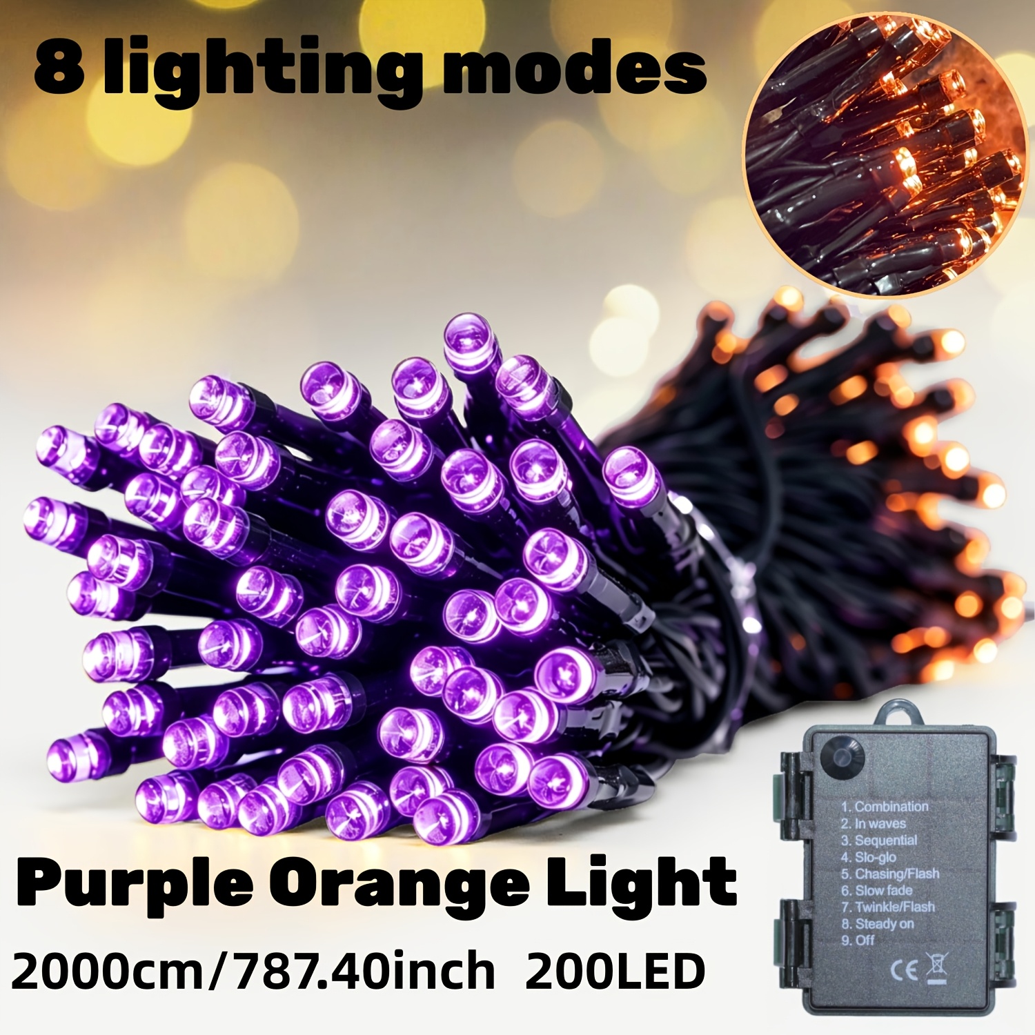 TEMU 1pc 200/100/50led Battery Box Light String, Fairy Light, Rope Light, Halloween Decoration, 8 Lighting , Suitable For Bedroom, Stage, Room,