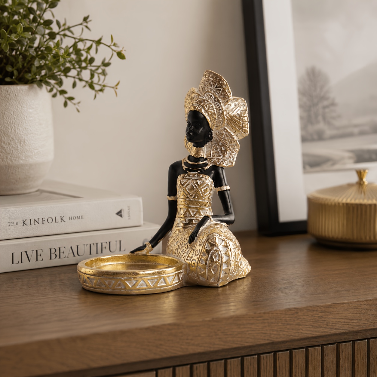 TEMU Ornement en résine représentant une figure féminine noire et dorée de style africain, plateau de rangement pour bijoux, table de toilette,