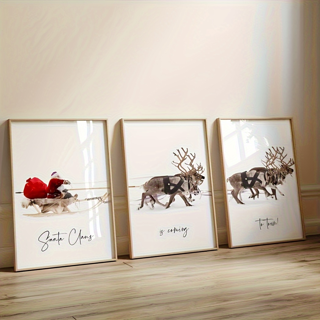 

Santa Claus Is Coming To Town - 3pcs Frameless Canvas Wall Art Set, Perfect For Living Room & Bedroom Decor, Ideal Christmas Gift