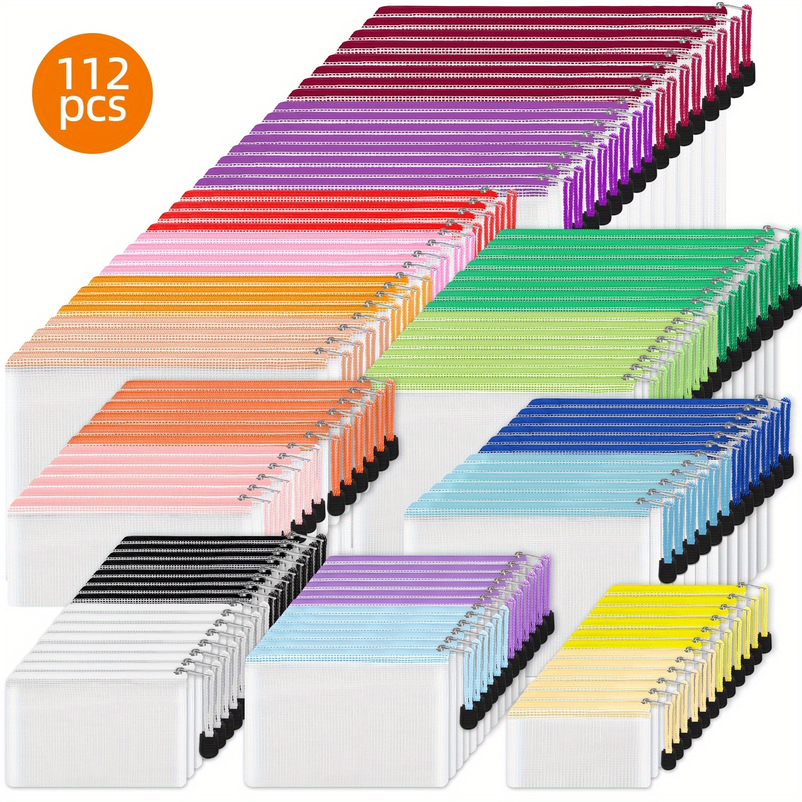 TEMU 29-112pcs 8 Sizes Mesh Zipper Pouch Bags, File Sleeve, Extra Large Zipper Pouches, 8 Sizes 18 Assorted Colors Plastic Travel Pouch, For Board