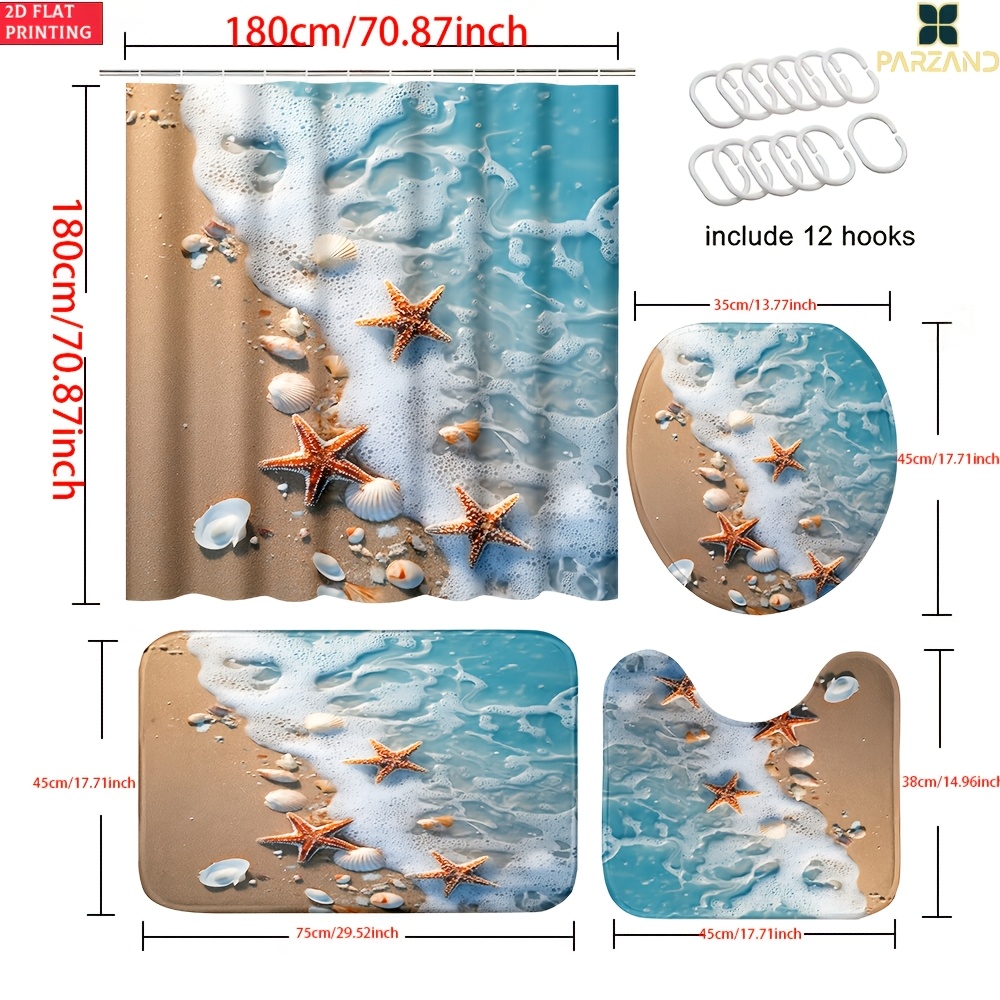 4pcs Starfish and Shells Shower Curtain Set with Bath Mat