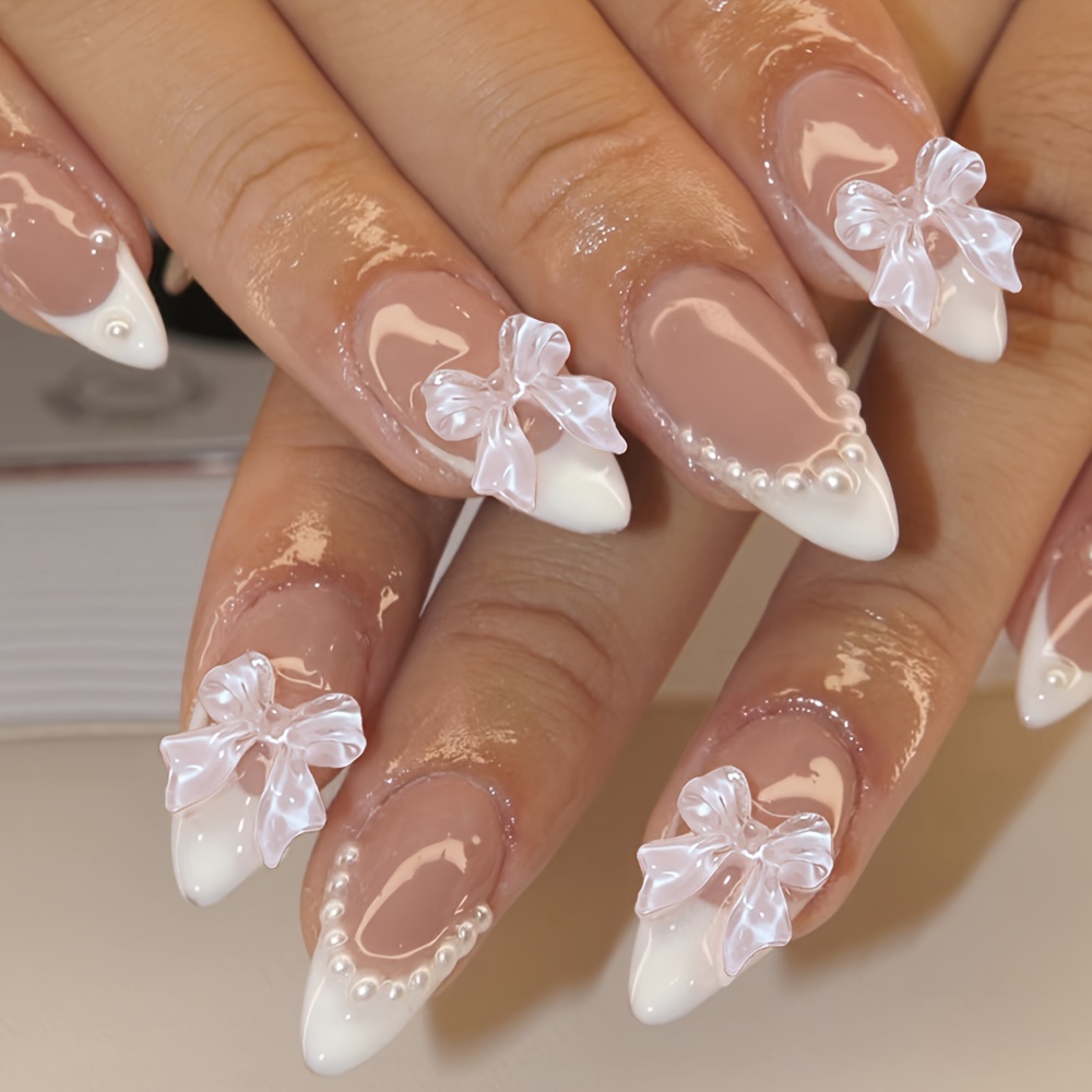 

Medium Almond Press On Nails With Pearls, French Tip Fake Nails,full Cover Bowknot False Nails For Women And Girls Including Nail File And Jelly Glue