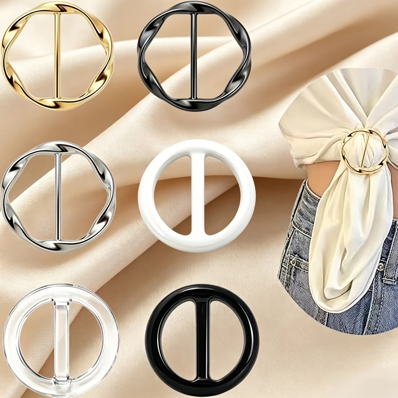 Image of 6pcs Scarf Ring Clips, T-shirt Tie Clips, Fashionable Shirt Clips, Shawl Lapel Buttons, Decorative Clothing Corner Knot Clips, Suitable For Scarves, Sweaters, Dresses, Travel Hats, Unisex