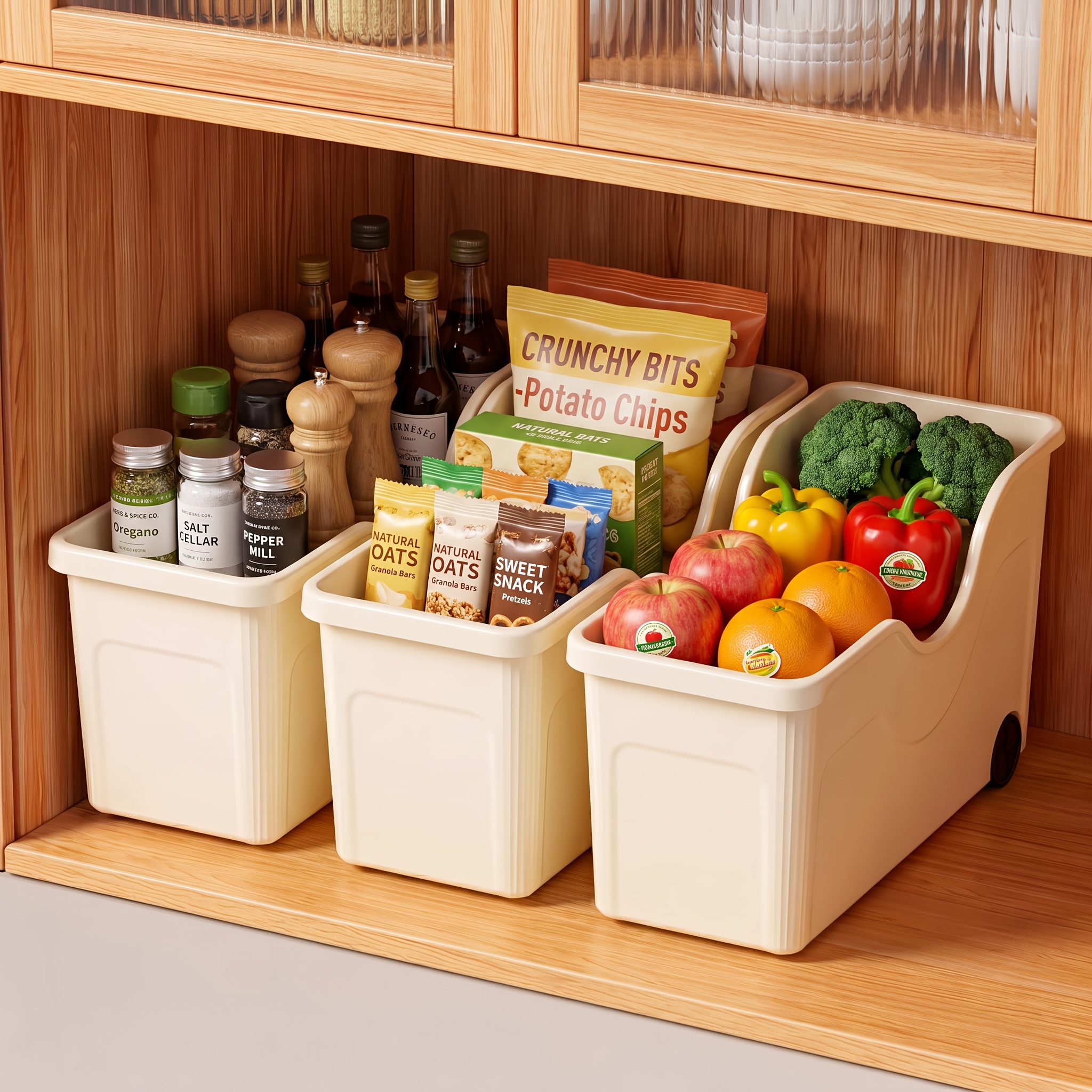 TEMU 3pcs Pull-out Rolling Storage Bins, Large Capacity Wheeled Plastic Containers For Organizing & Storing Items In Kitchen, Bathroom, Cabinets Or