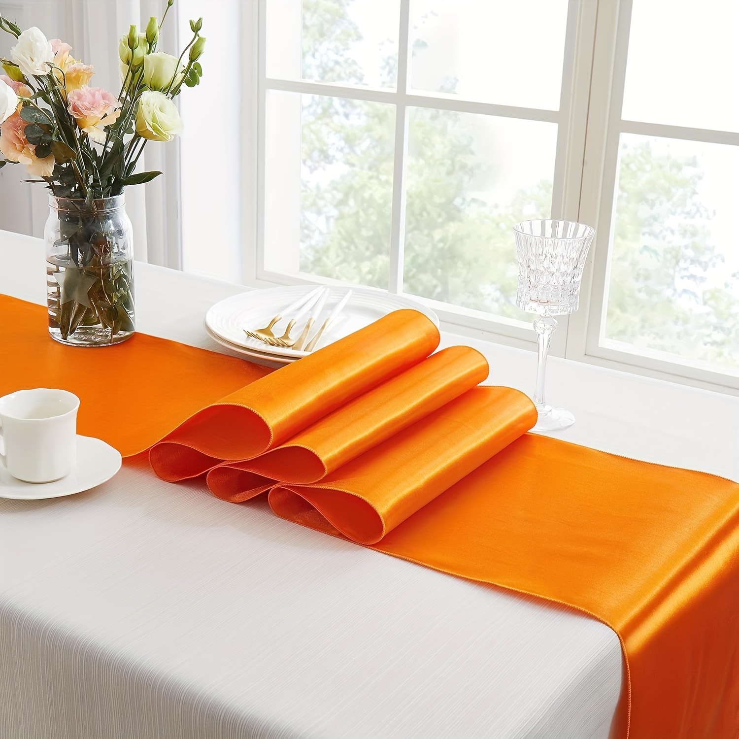 

1pc Polyester Satin Table Runner - Vibrant Orange, Rectangular Shape With , Weddings, Birthday Parties, And Formal Dinners - And Easy To Clean, Wedding Table Decor | Table Accessory | Polyester