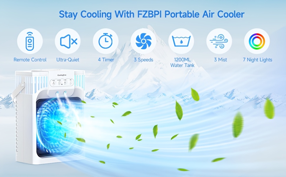 Portable 4-in-1 Evaporative Air Cooler – 1200ml Tank, 3 Speeds, 3 Modes, 7-Color LED Light, Remote Control, 2-8H Timer, Quiet Mini AC For Bedroom, Office, Camping