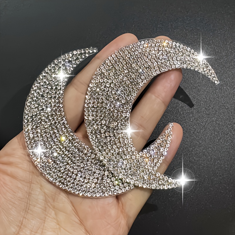 Image of 2pcs Shining Moon Rhinestone Patches, Unisex Clothing Accessories, Novelty Patch Fabric Appliques, Suitable For Diy, Clothing, Shoes & Hats, Denim, Bags