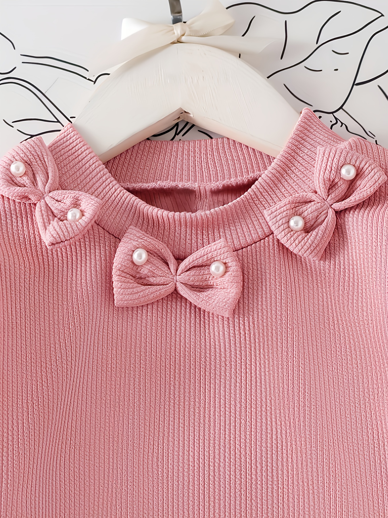 Girls' Long Sleeve Solid Color T-Shirt with Pearl Bow Decor
