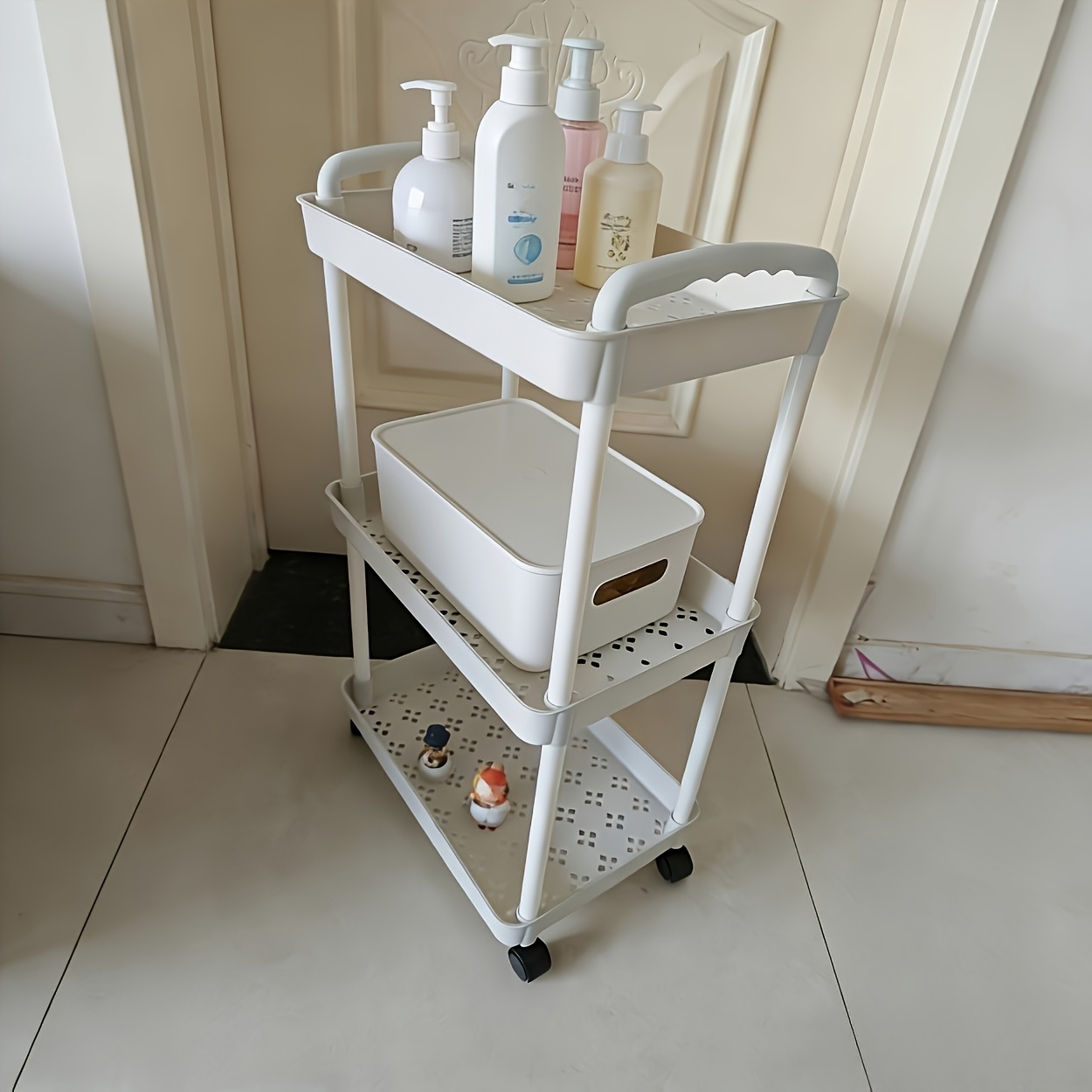 TEMU 3-tier Rolling Storage Rack - Plastic Material, Wheels - Suitable For Bathroom, Bedroom, Kitchen, And Home Organization. Multifunctional Storage