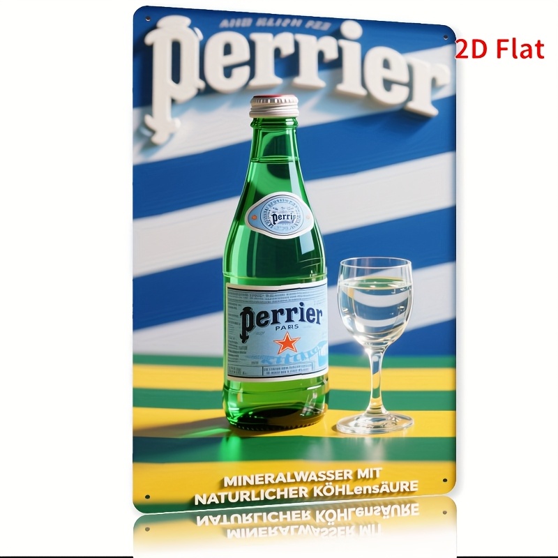 TEMU Panneau mural métallique Perrier 1 pièce - Eau vintage - Décor rétro avec logo bouteille verte et verre, rayures bleues et accent jaune - Art