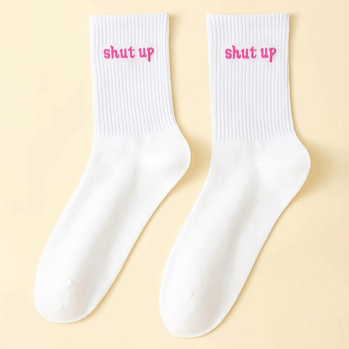 1 Pair Of Pink Shut Up Slogan Mid-tube Socks, Personalized Fashion Socks, Unisex, Suitable For Wearing In