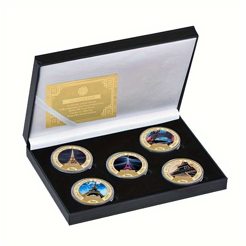 

5pcs France Eiffel Tower Golden Plated Commemorative Coins Gift Box Set, 1889 Paris Eiffel Tower Souvenir Gift For Collection
