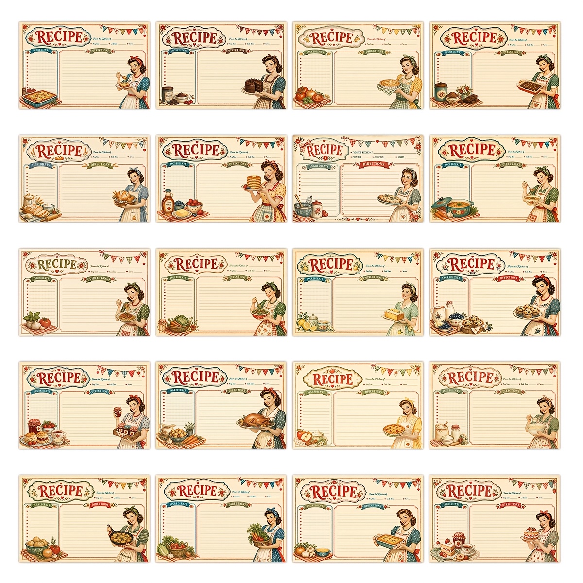 TEMU 20pcs Retro 1950s Recipe Gift Cards, 4x6 Recipe Cards With Prep Time, & Servings, Decorative Vintage Cooking & Baking Note Cards, Recipe Cards