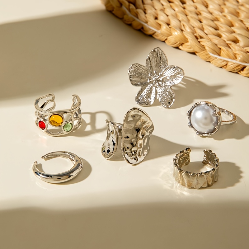 6pcs Unique Large Flower Hollow-Out Rhinestone Ring Set