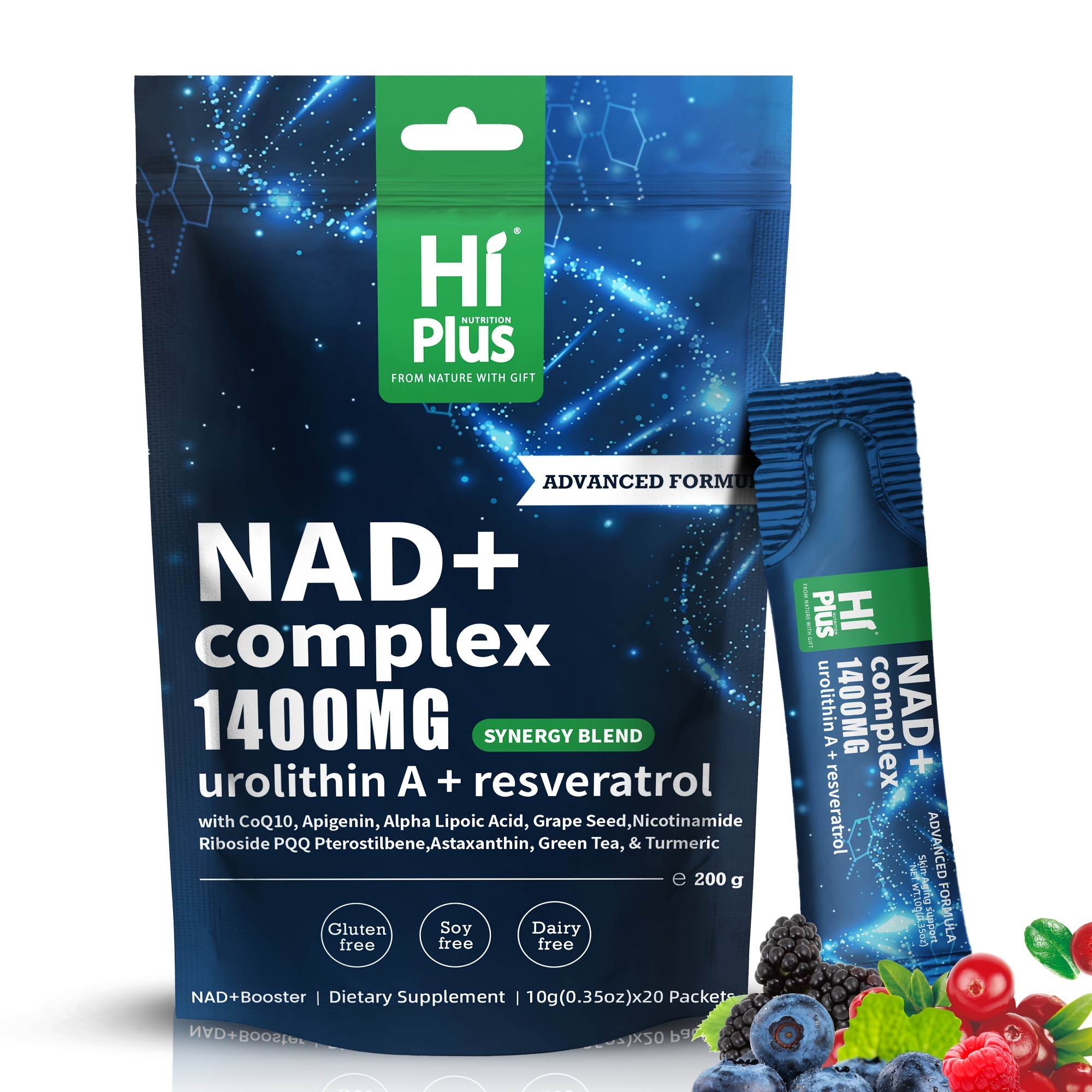 HiPlus NAD+ 1400 Liposomal Energy Bars with Niacinamide Ribofuronate and Resveratrol, Sweet and Sour Berry Flavor, 20 Bars Pack