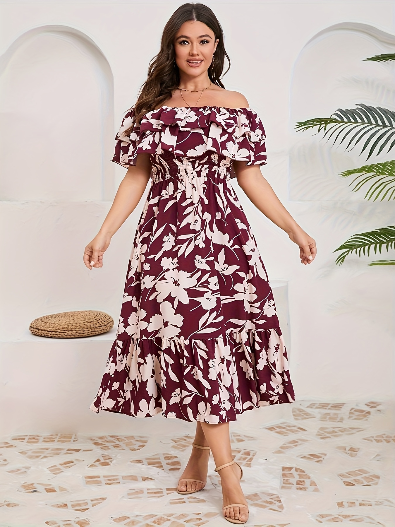 womens plus size shoulder maxi dress floral print boho chic Temu