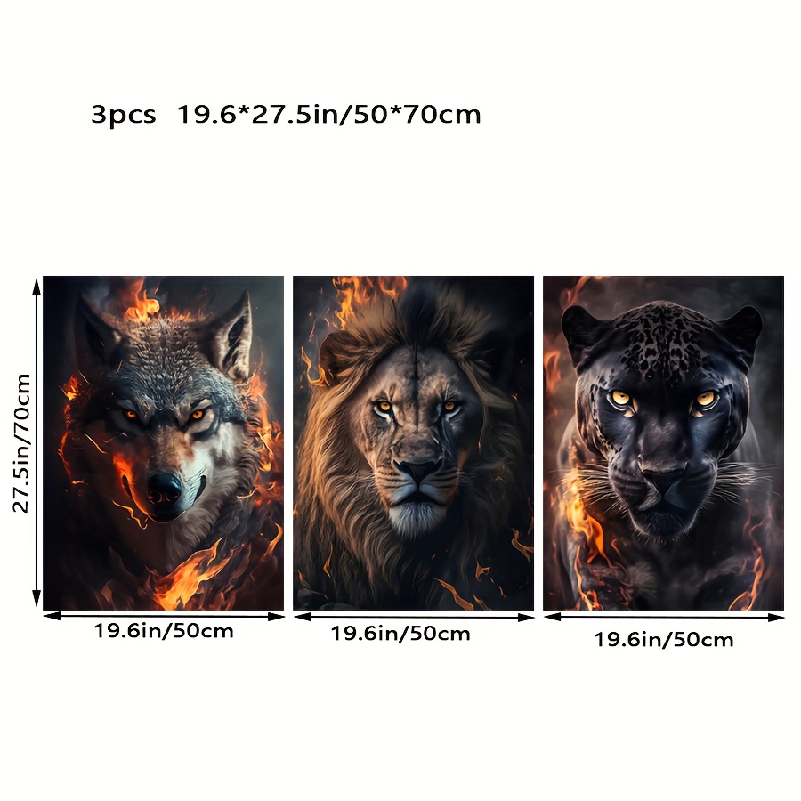 TEMU 2d Flat, 2d Flat, 3pcs Flame Background Animal Portrait Triptych, Wolf, Lion, Leopard Poster Printing, Suitable For Home, Office, Living Room,