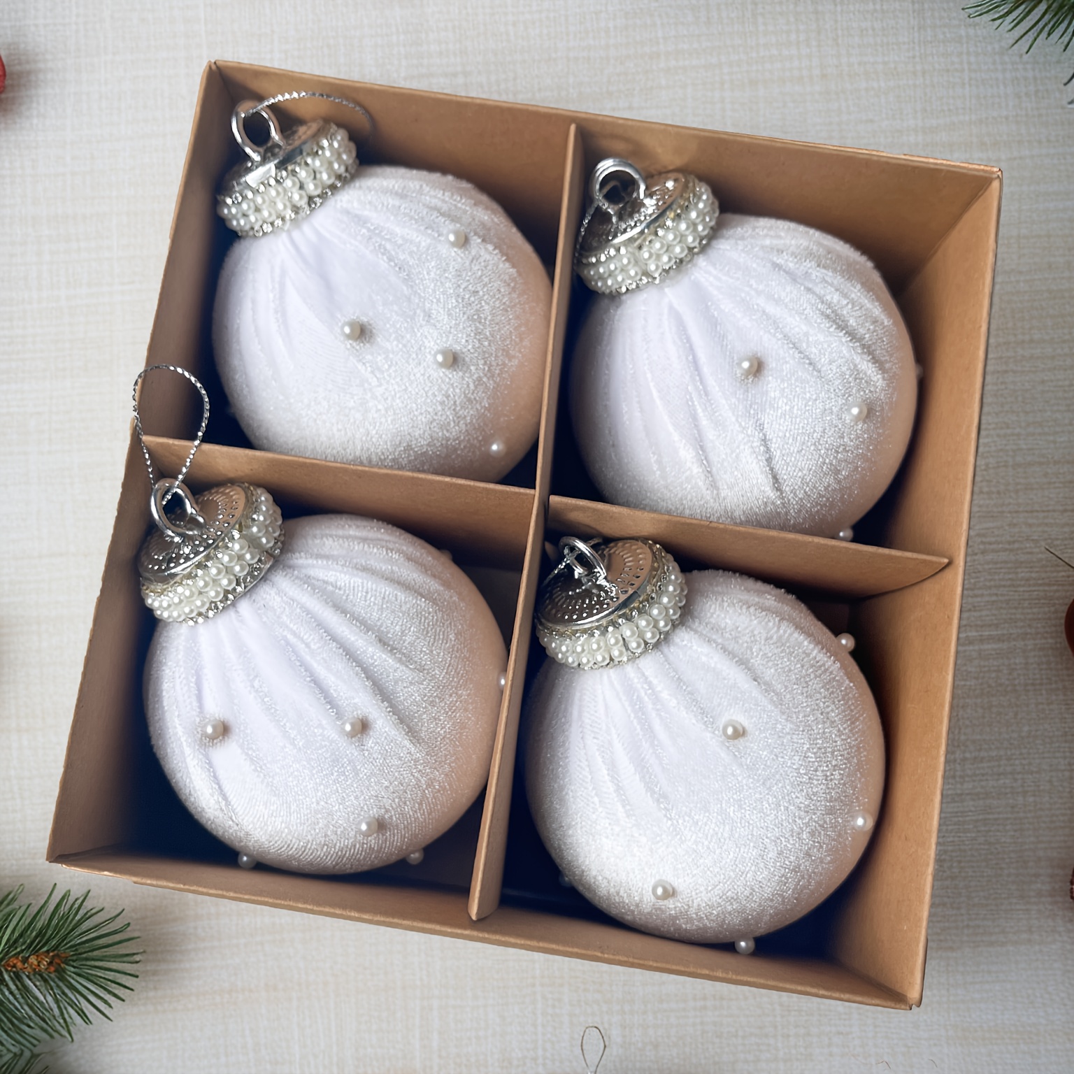Set Of 4 High-quality 8cm Anti-drop Christmas Balls, Luxurious Pearl Velvet Ornaments For Christmas Trees, Ideal For Weddings And Other Festive Decorations