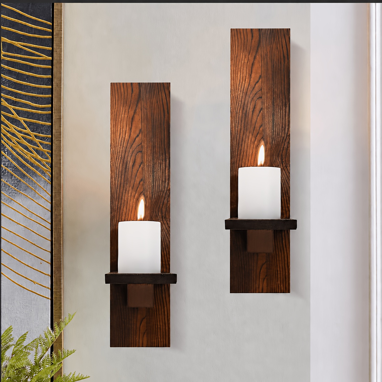 Image of Wall Candle Sconces Set Of 2, Decorative Wooden Candle Holder, Farmhouse Candle Sconce, Living Room Wall Decoration