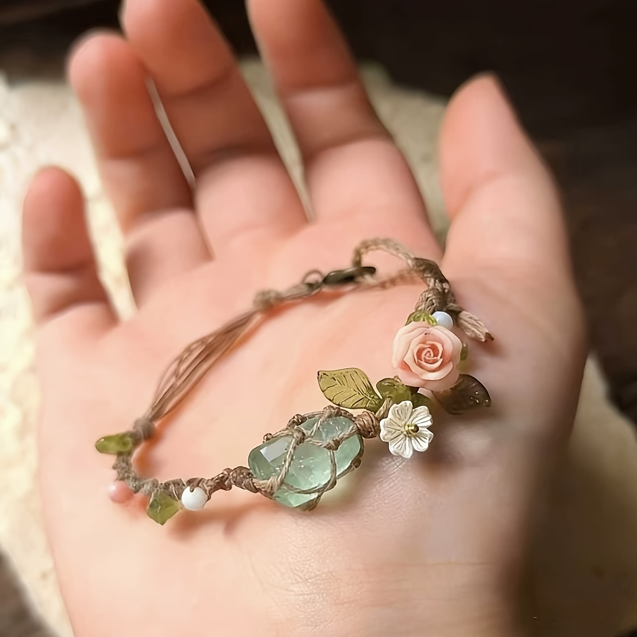 Vintage Pink Flower Crystal Macrame Bracelet