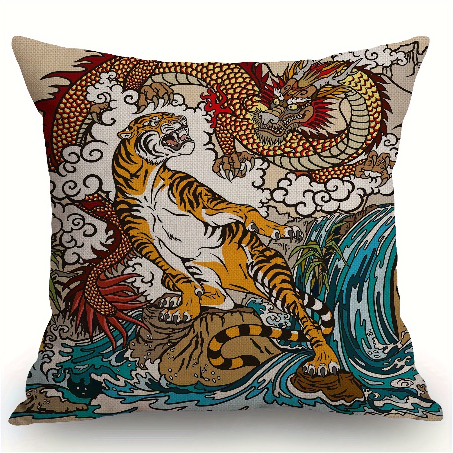 

1pc Chinese In The Landscape With Waterfall Cotton Linen Throw Pillow Case Cushion Cover Home Office Decorative For Sofa Living Room Square, 18x18 Inches