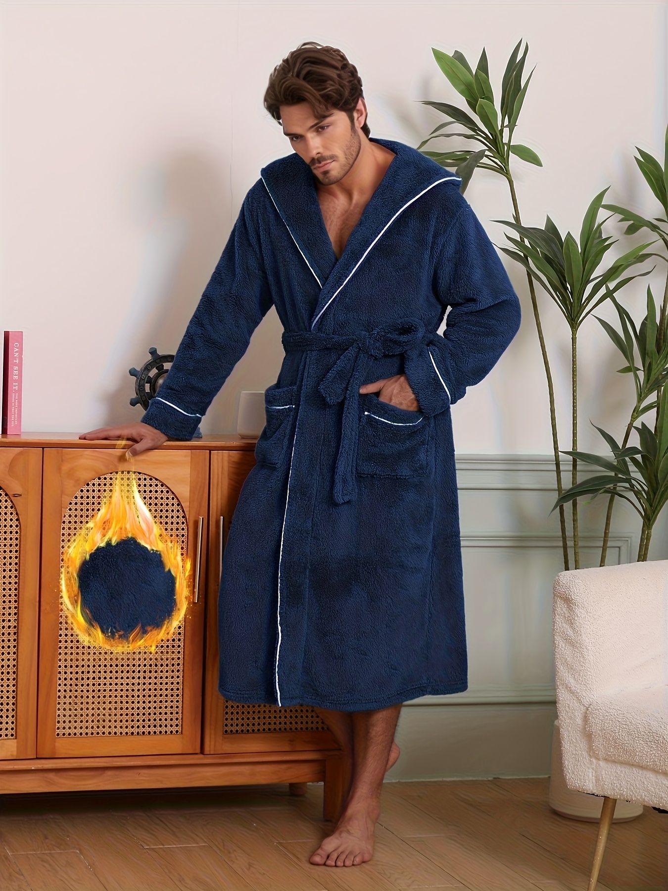 1pc Men's Plush Hooded Robe with Pajama Jacket & Pants-like Design - Heavy-Duty Winter Robe, Belted Waist & Double Pocket - Machine Washable Luxury Sleepwear for Home, Spa, Lounge - Navy Blue (No Dry-Clean)