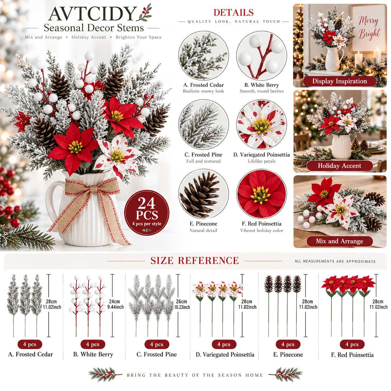 TEMU 24pcs Artificielles de Noël, Rouges et Blanches avec Aiguilles de Pin Givrées et Pommes de Pin Noires, Arrangement Floral de Noël Scène de Neige
